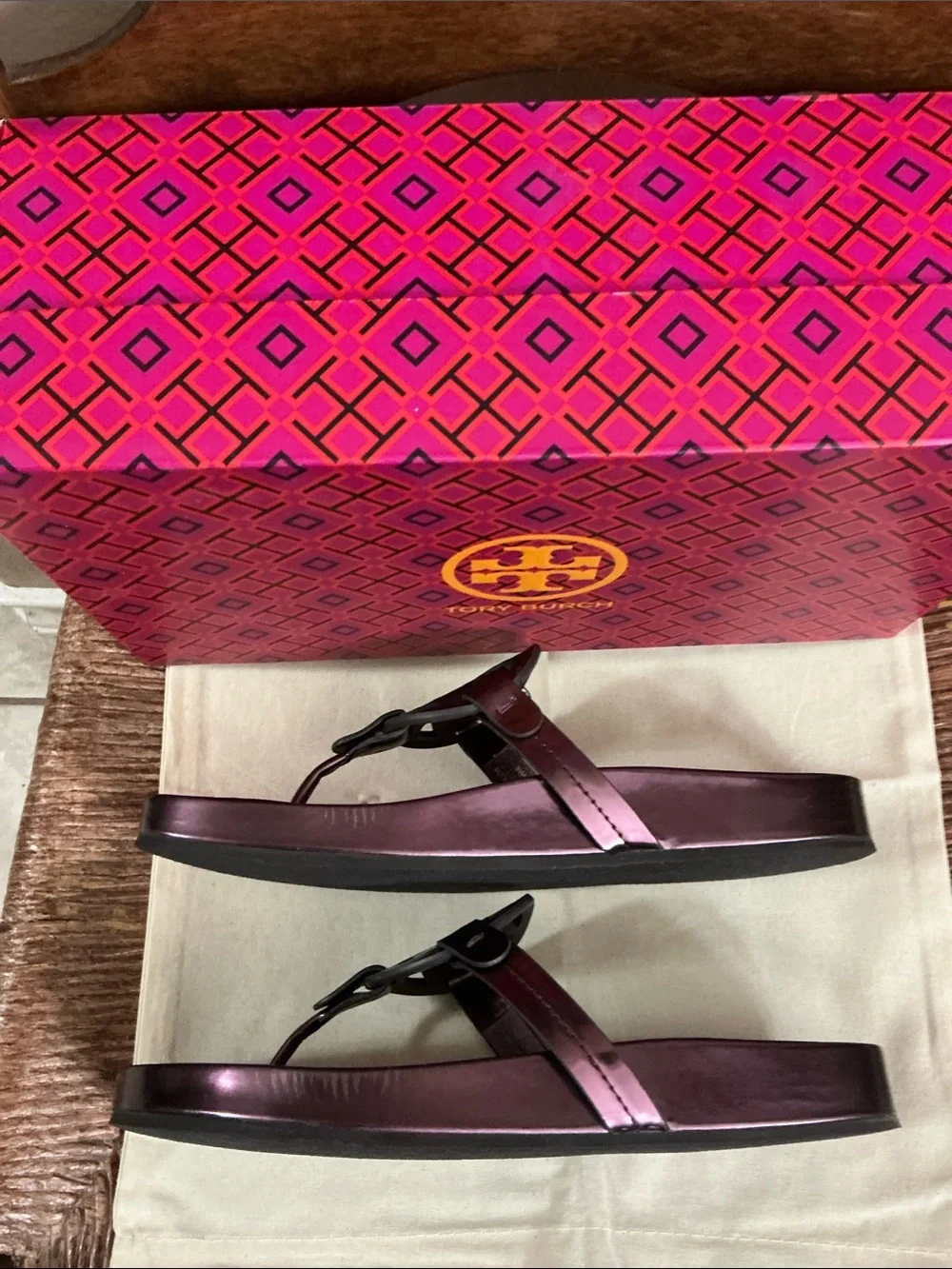 Tory Burch Metallic Merlot Logo Jelly Thong Sandals